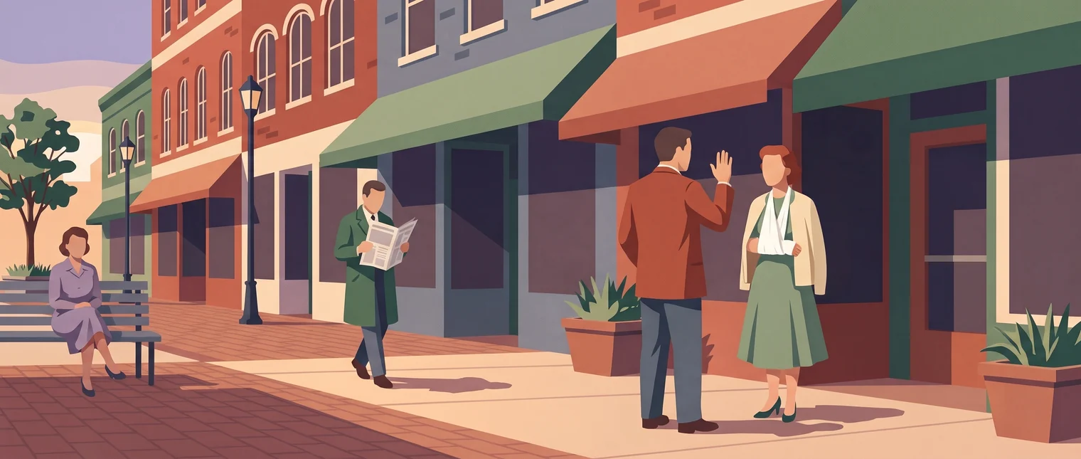 Two people meeting again on a Briarmont sidewalk, one with an arm in a sling.