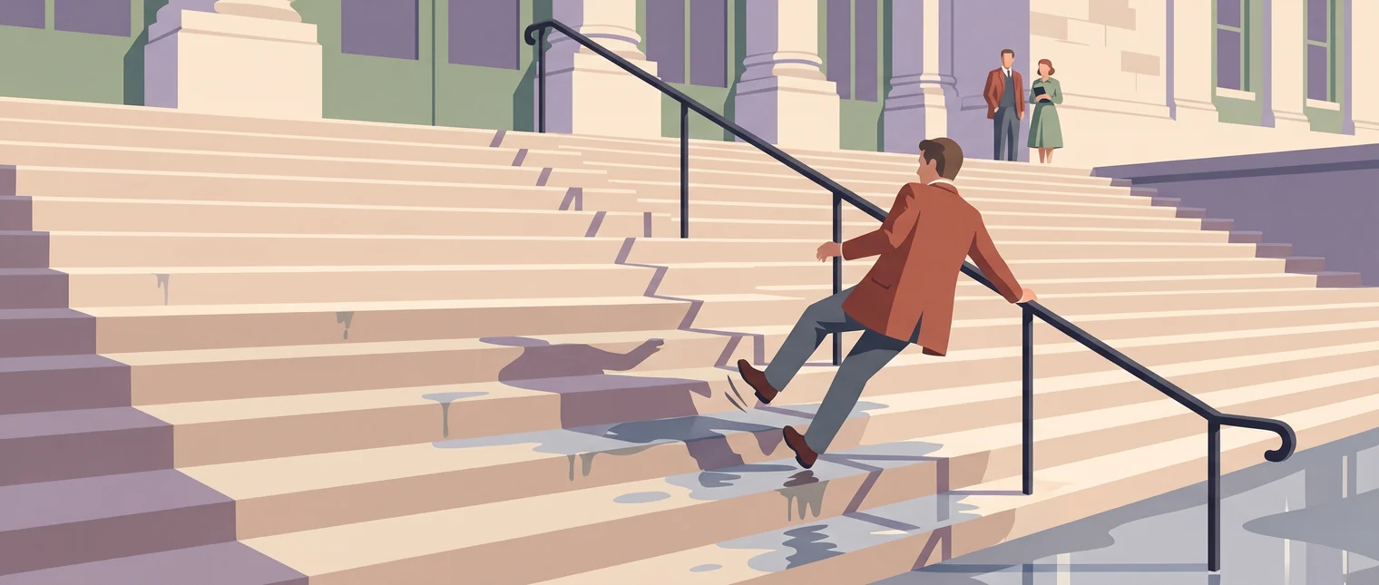 A figure slipping on wet civic steps and catching the rail, the outcome undecided.