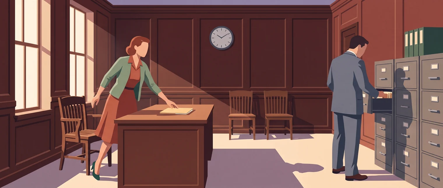 One character reaching for a folder on a desk while another has their back turned.