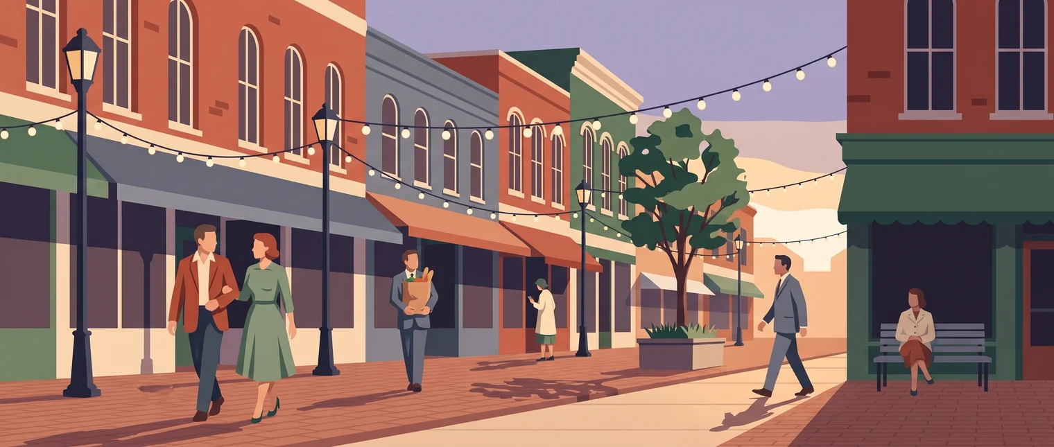 Townspeople going about ordinary business along a Briarmont street.