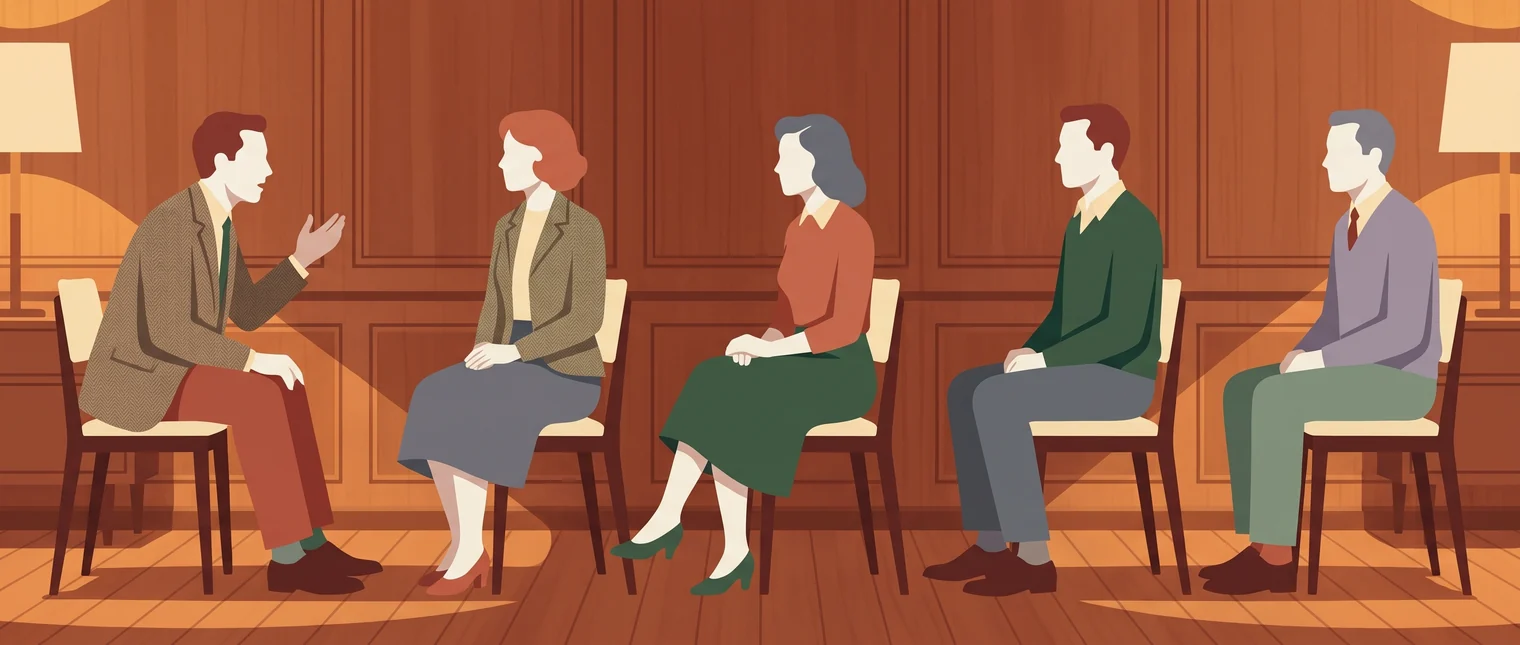 Five seated characters in a row: one speaking, the rest waiting their turn.