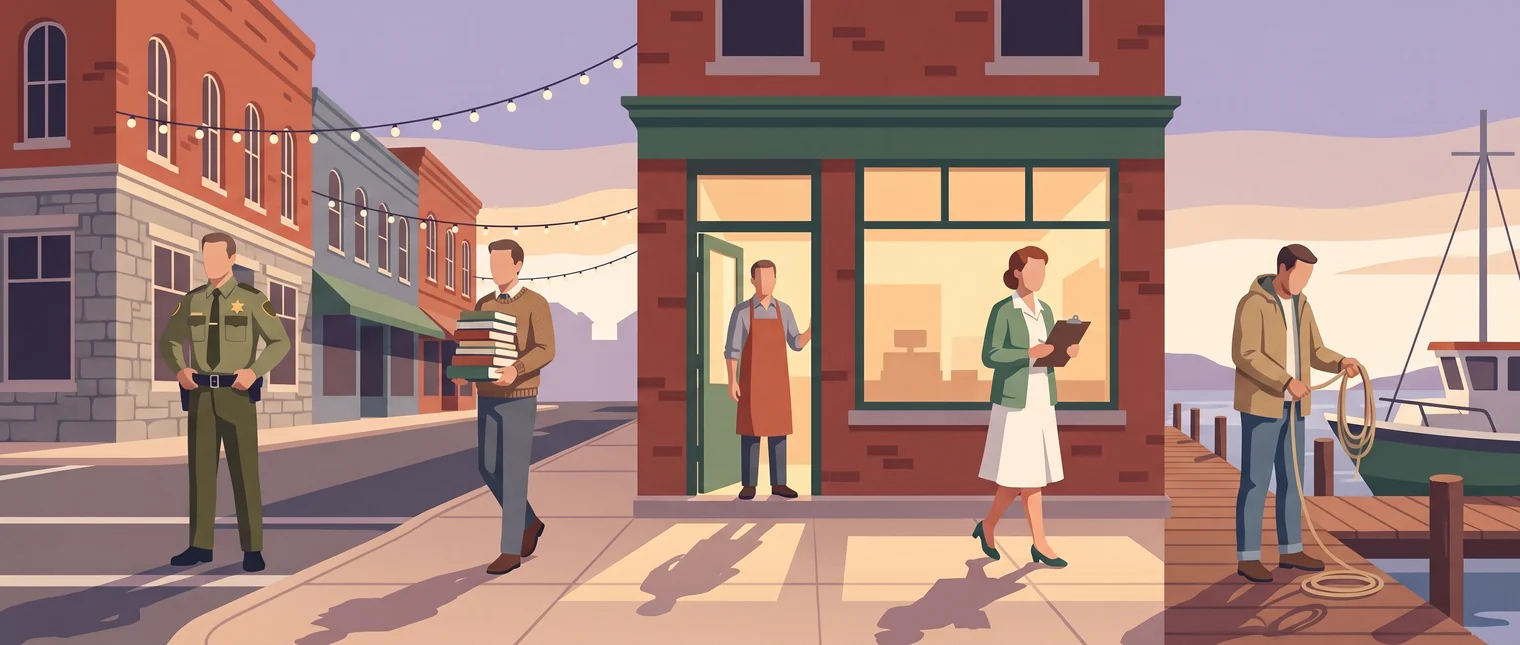 A deputy, a student, a shopkeeper, a nurse and a dockworker at work around town.