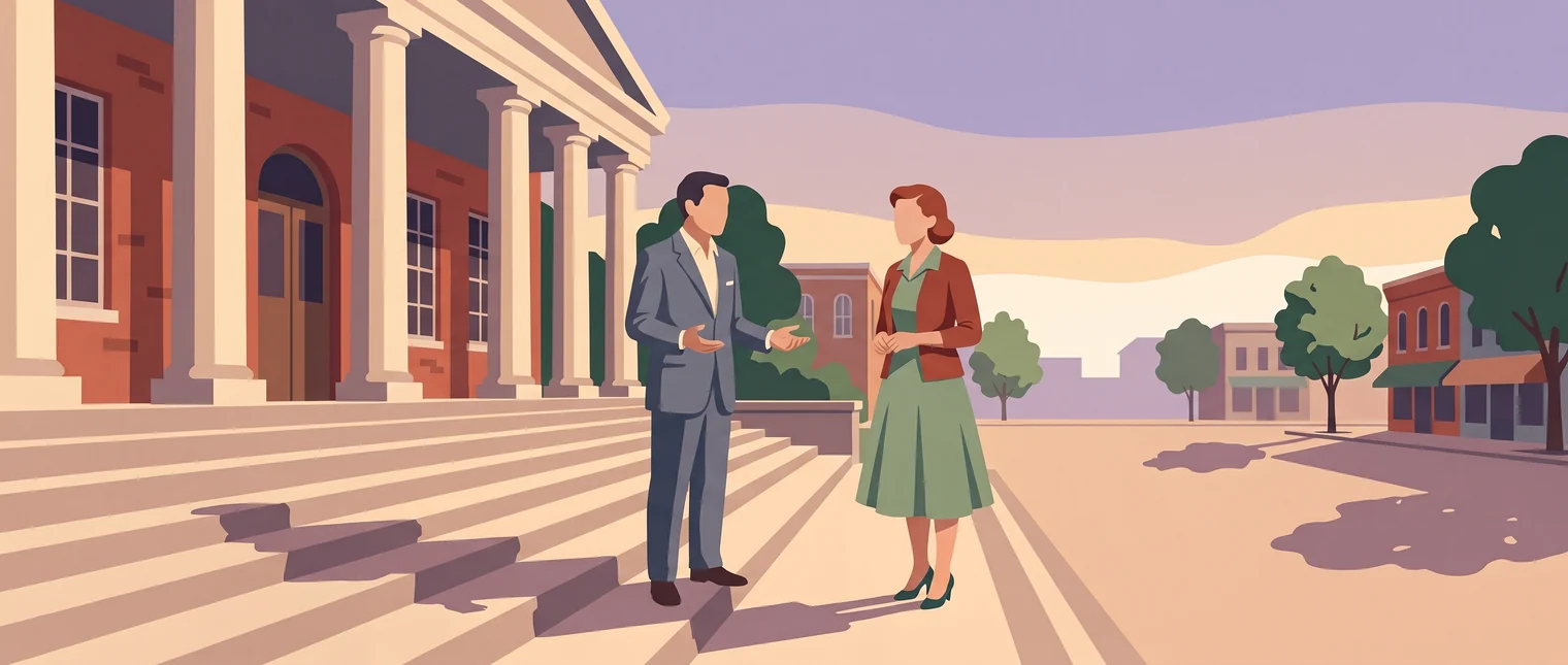 Two people talking calmly on the steps of the town hall.