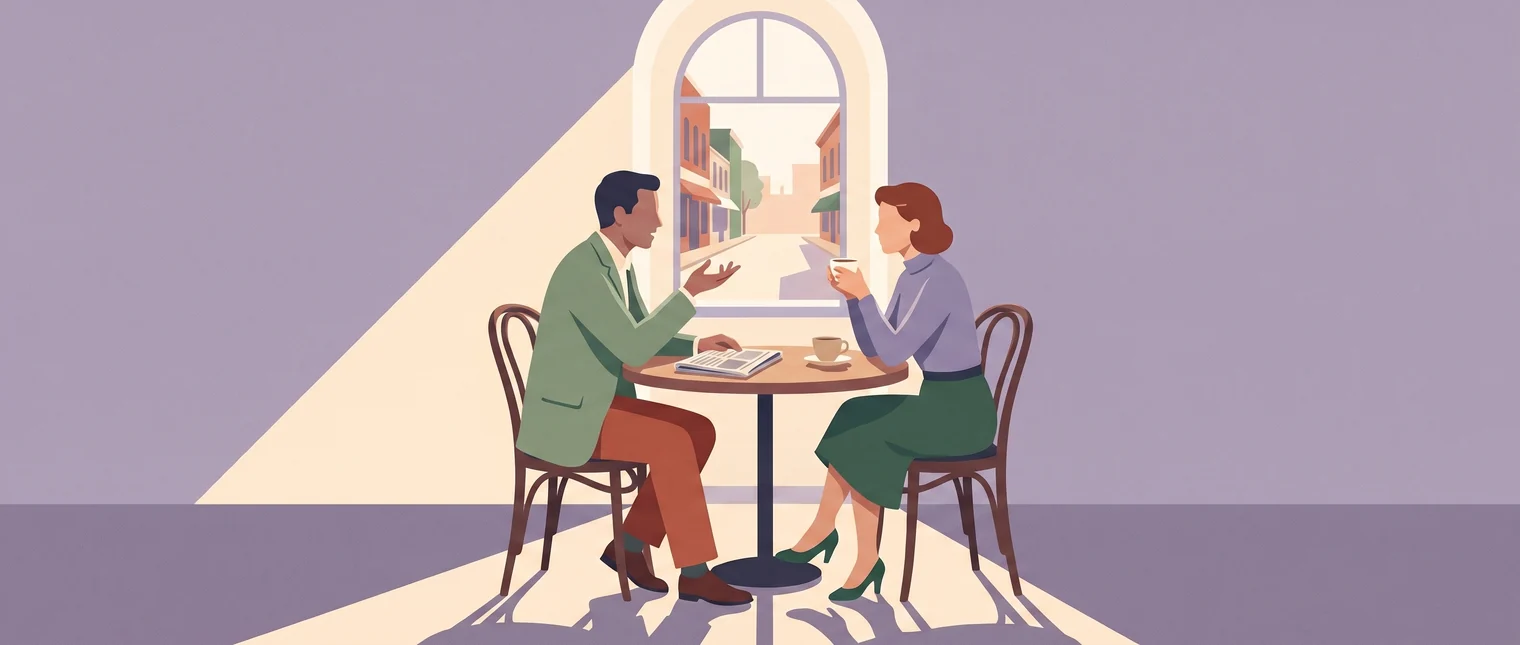 Two characters talking across a cafe table by a window.