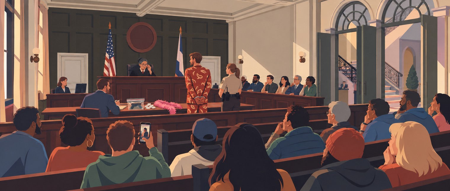 Court in session: a handcuffed defendant in a flashy suit before the judge, with baggies, a bagged handgun and a pink feather boa on the evidence table, and a packed gallery.