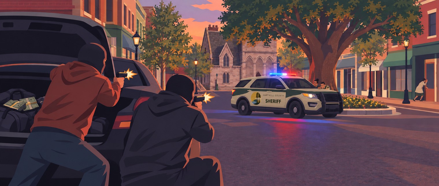 A shootout downtown: masked robbers in the foreground fire down the street at deputies crouched behind their Hartwell County Sheriff SUV by the big oak.