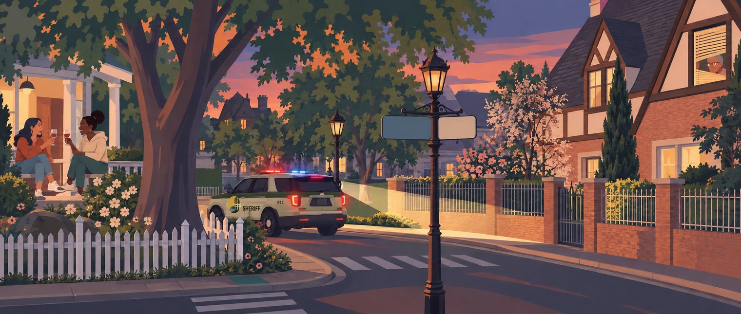 Twilight on a residential corner: a Hartwell County Sheriff SUV rolls past with its spotlight on, a neighbor peeks through the blinds, and two women clink wine glasses on a porch.