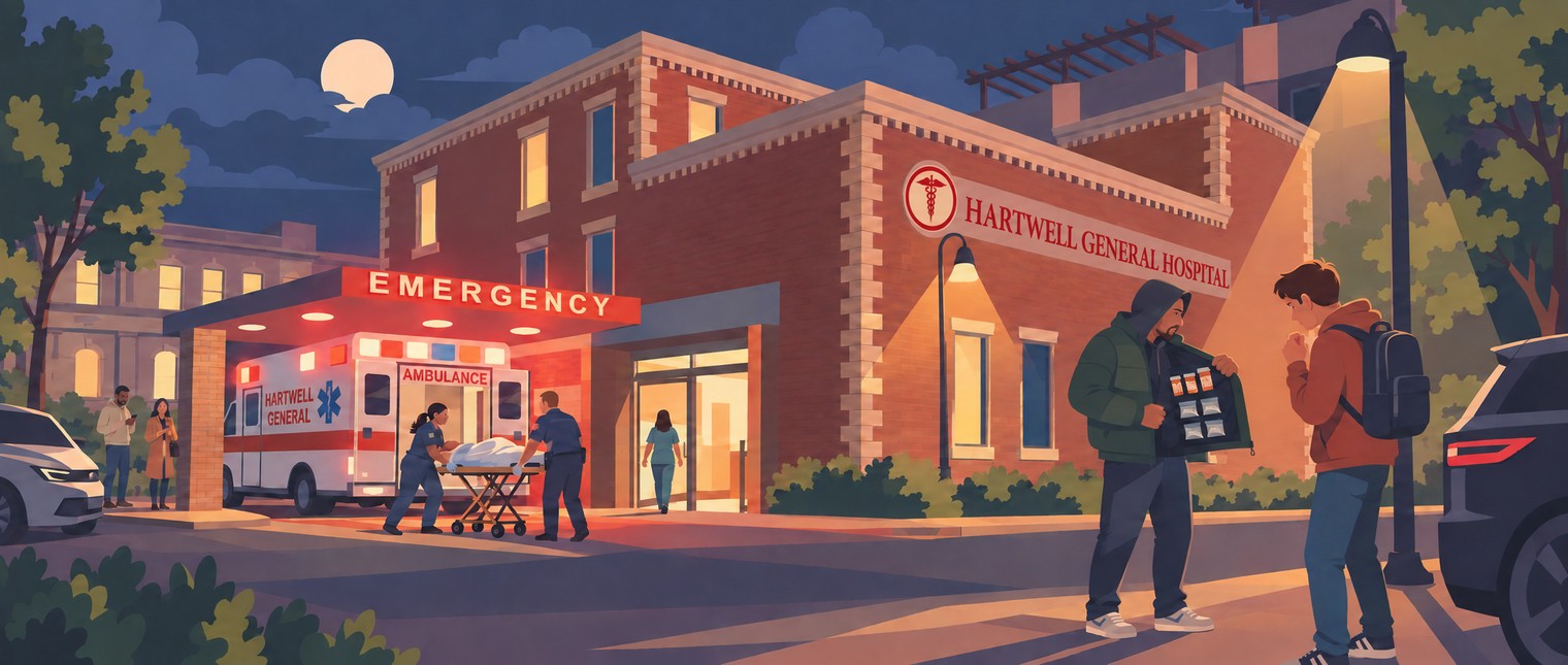 Night at Hartwell General: paramedics rush a gurney from the ambulance under the EMERGENCY canopy, while across the lot a guy in a puffer jacket shows a nervous college kid a jacket lined with pill bottles.